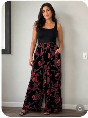 Crimson in Grace Black Burnout‎ Velvet Floral Wide Leg Palazzo Pants Size XL